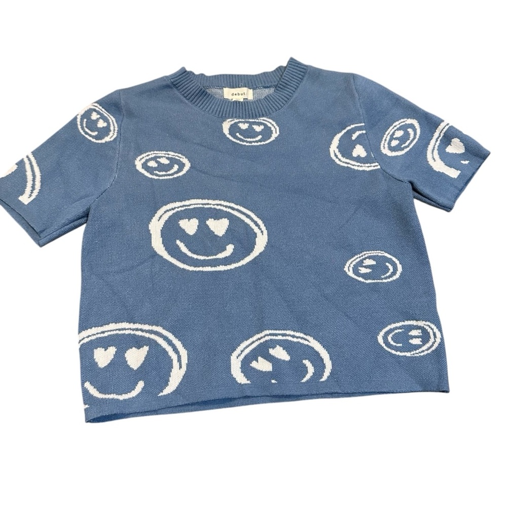 Debut short sleeve denim blue smiley‎ face sweater
